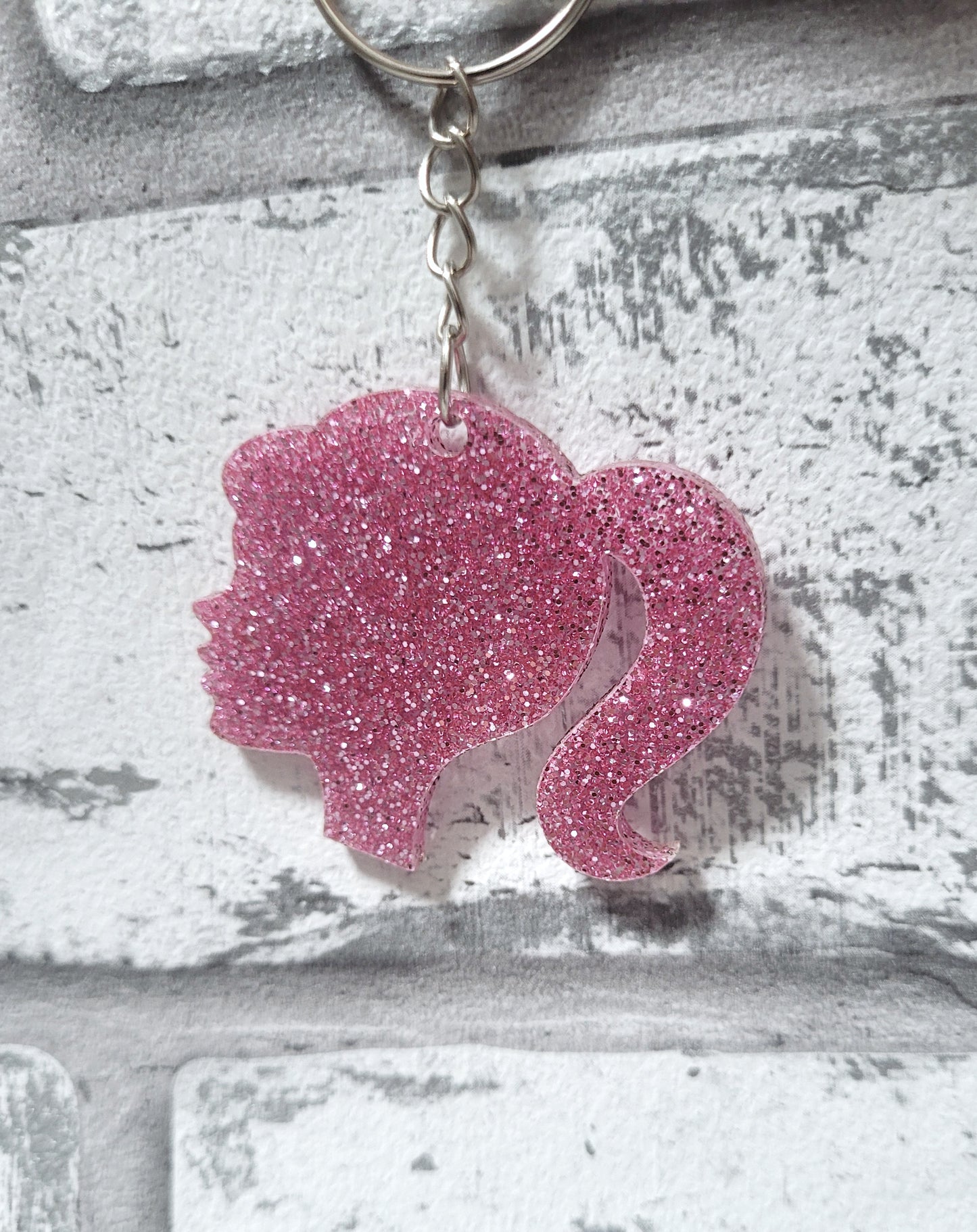 Pink Glitter Doll head Keyring