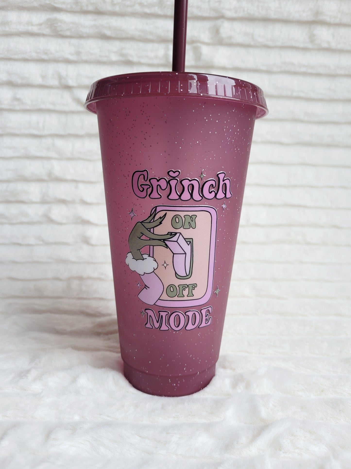 Christmas ‘Grinch Mode’ Burgundy Glitter cold cup