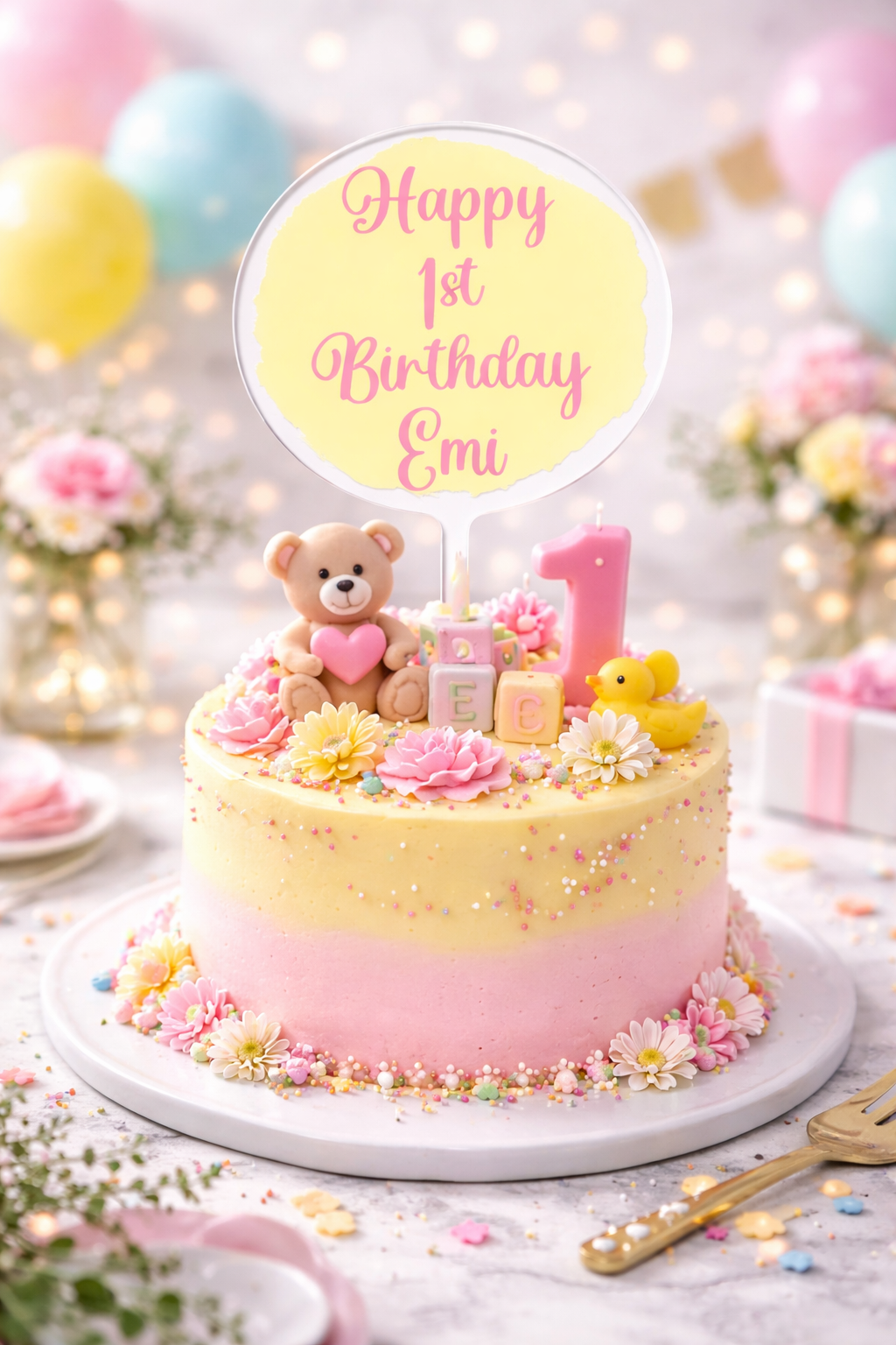 Birthday cake with teddy bear and balloons, decorated for a first birthday celebration.