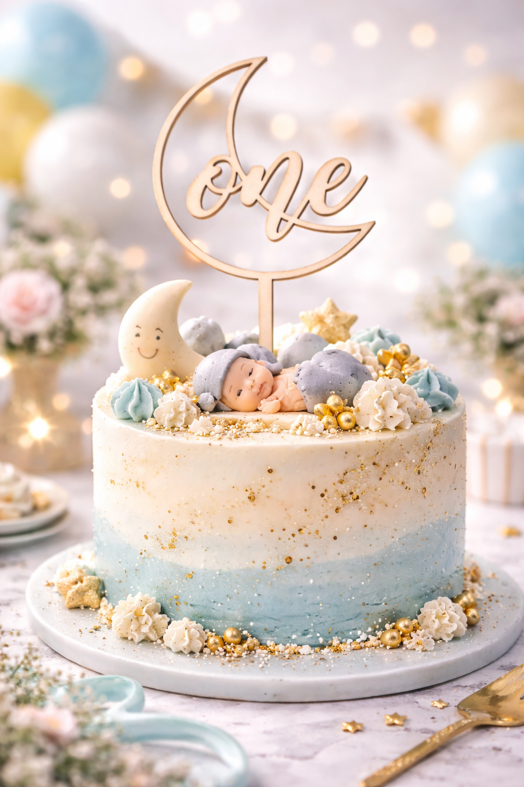 Baby shower cake with baby figurine, moon, and 'One' topper on a decorative table.